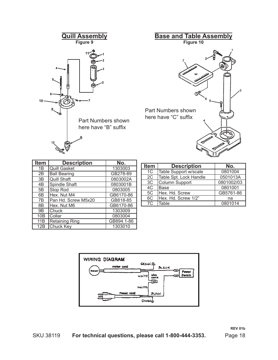 Quill assembly, Base and table assembly | Harbor Freight Tools 38119 User Manual | Page 18 / 19