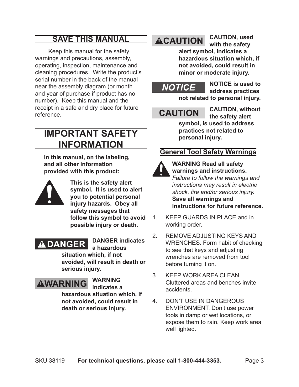 Important safety information, Save this manual | Harbor Freight Tools 38119 User Manual | Page 3 / 19