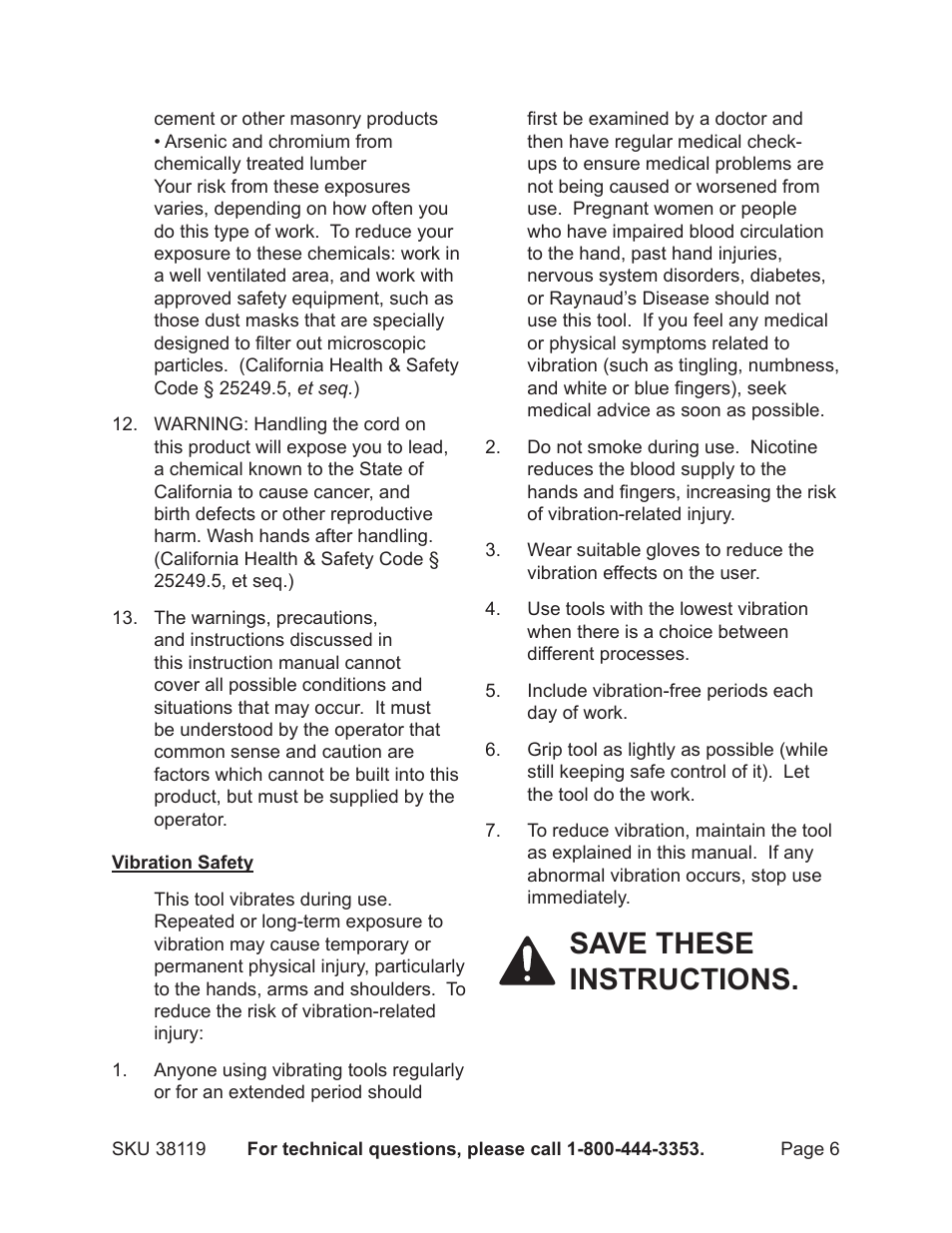 Save these instructions | Harbor Freight Tools 38119 User Manual | Page 6 / 19