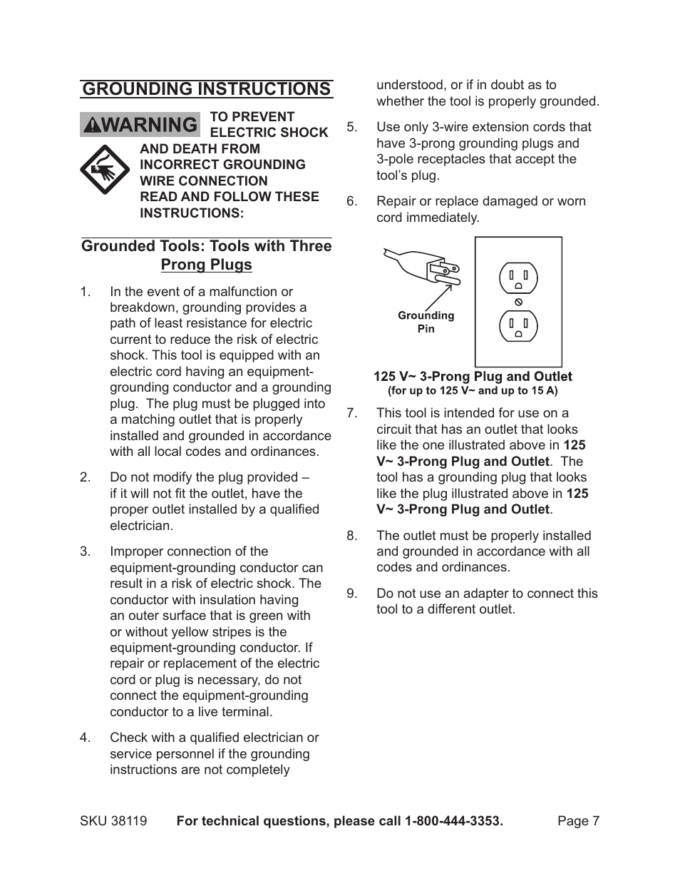 Grounding instructions | Harbor Freight Tools 38119 User Manual | Page 7 / 19