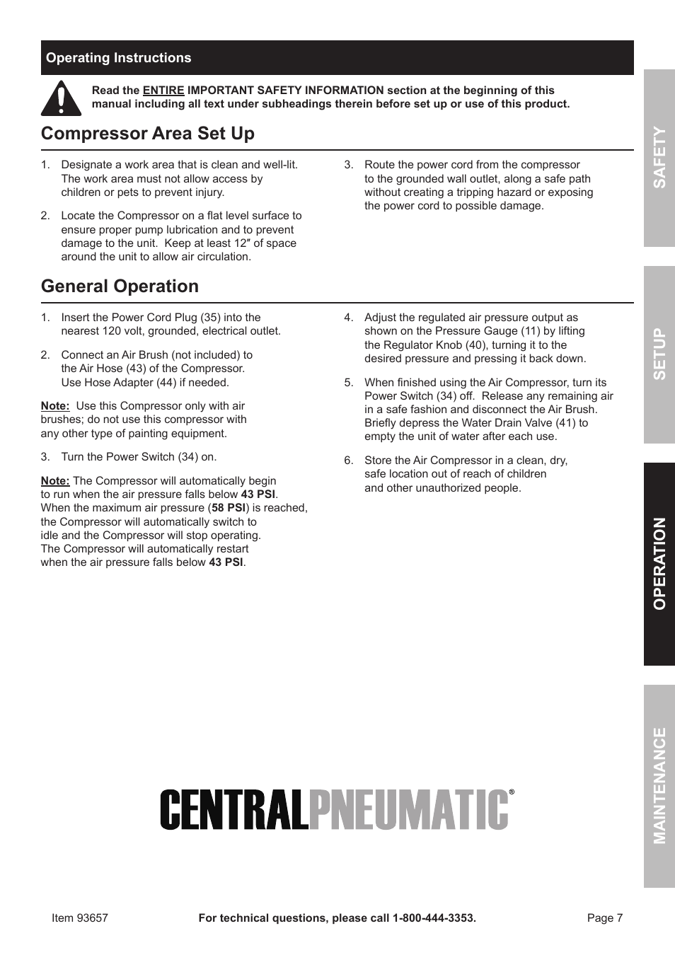 Compressor area set up, General operation, Safety opera tion maintenance setup | Harbor Freight Tools 93657 User Manual | Page 7 / 12