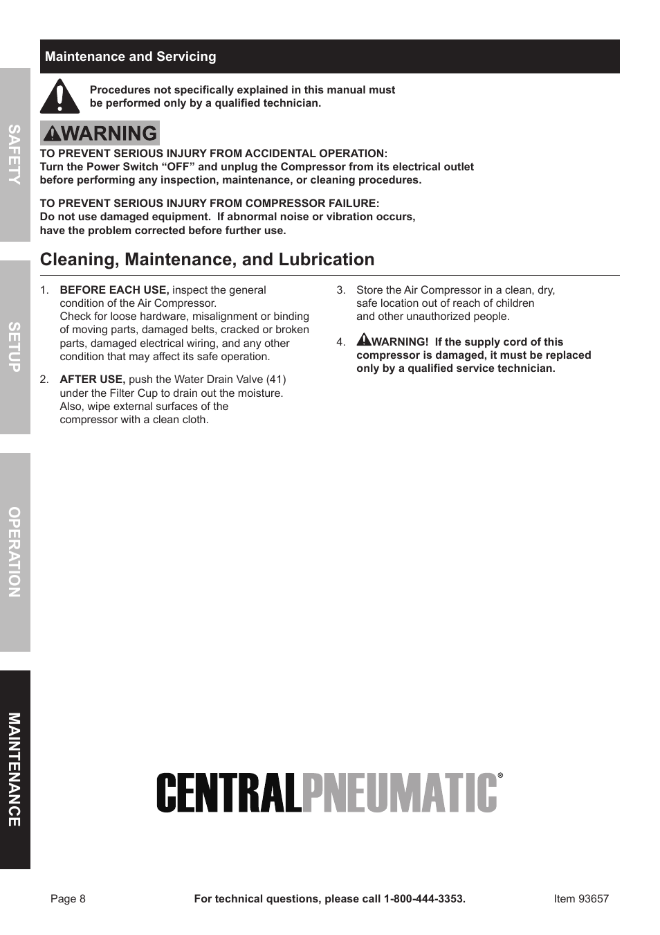 Cleaning, maintenance, and lubrication, Safety opera tion maintenance setup | Harbor Freight Tools 93657 User Manual | Page 8 / 12