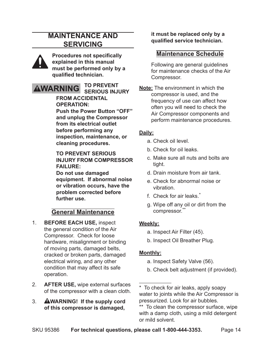 Maintenance and servicing | Harbor Freight Tools CENTRAL PNEAMATIC 95386 User Manual | Page 14 / 20