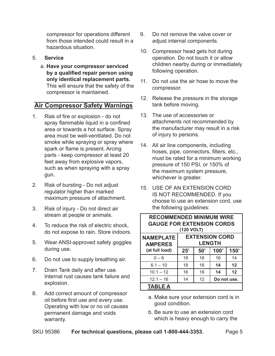 Air compressor safety warnings | Harbor Freight Tools CENTRAL PNEAMATIC 95386 User Manual | Page 5 / 20