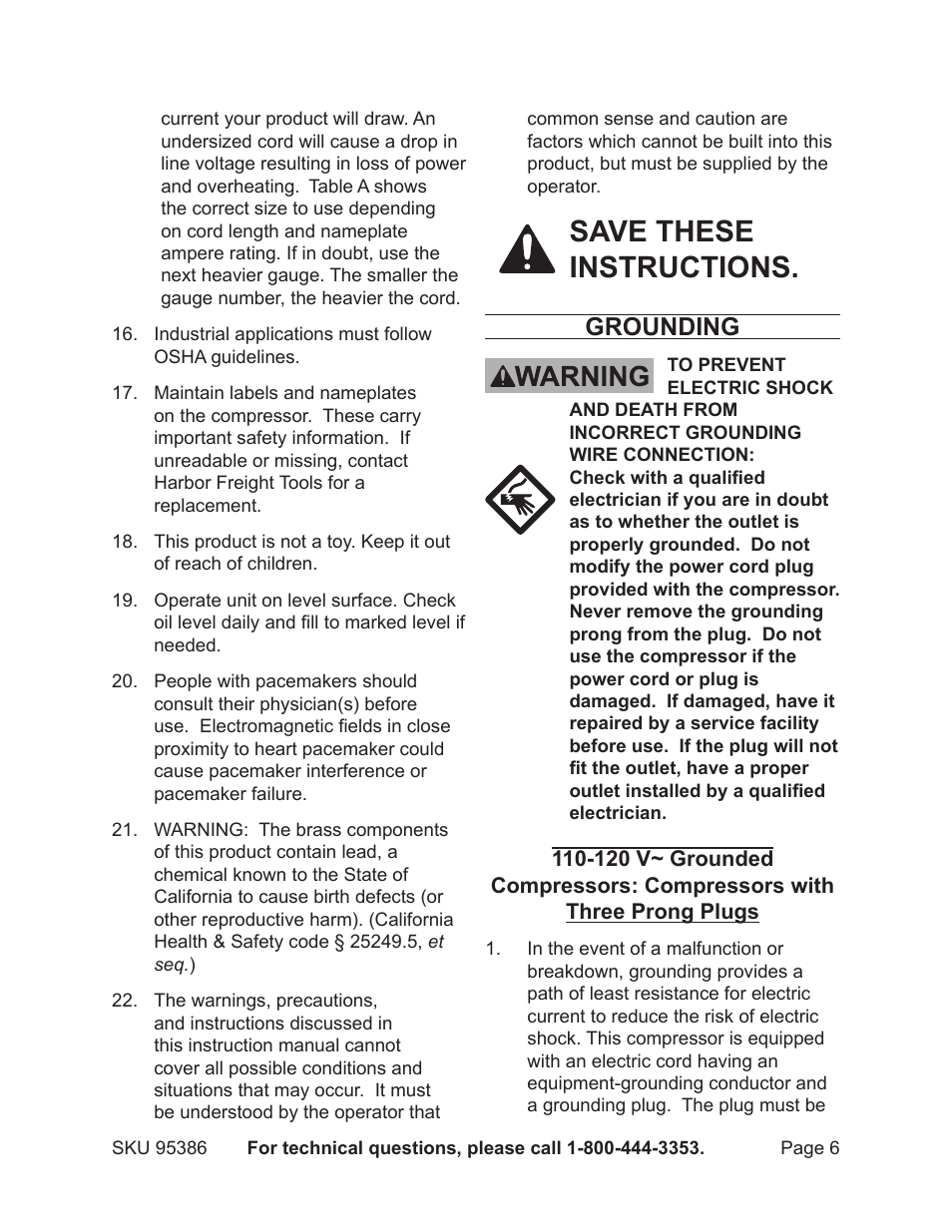 Save these instructions, Grounding | Harbor Freight Tools CENTRAL PNEAMATIC 95386 User Manual | Page 6 / 20