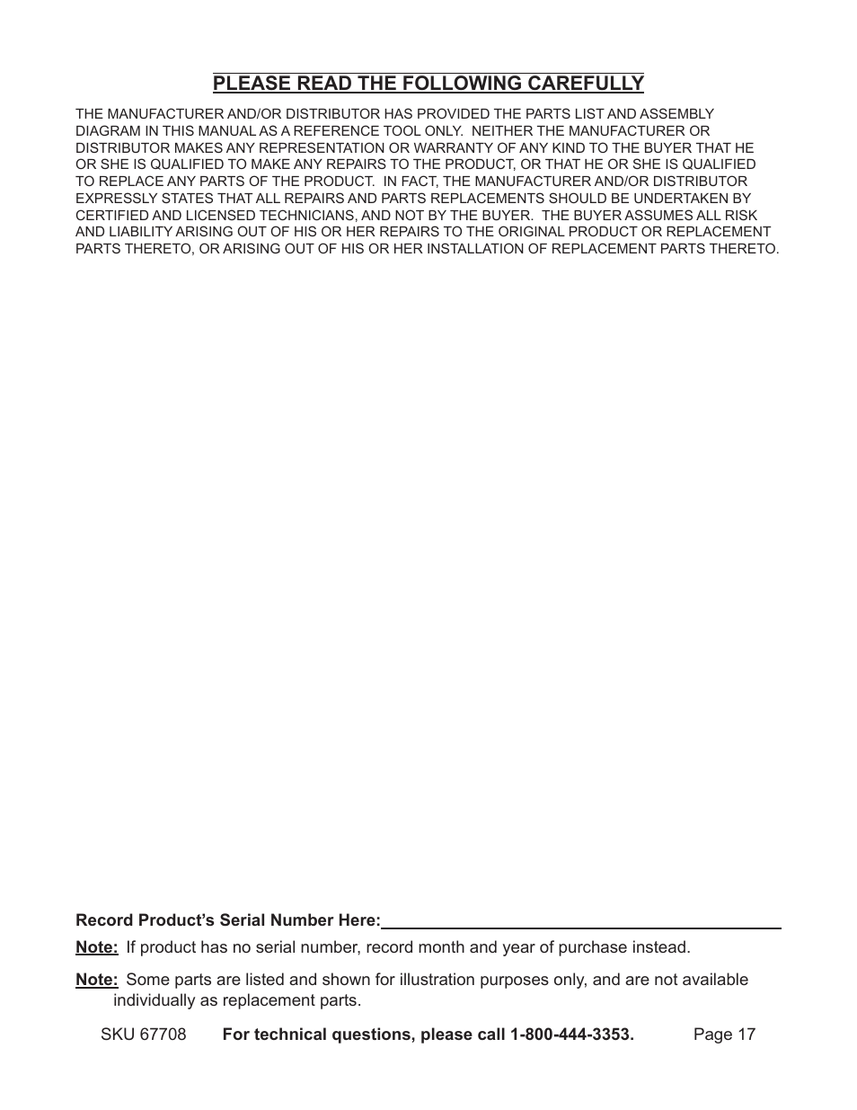 Please read the following carefully | Harbor Freight Tools 67708 User Manual | Page 17 / 20