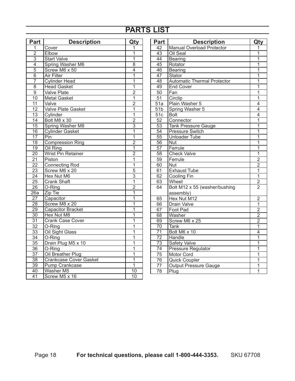 Parts list | Harbor Freight Tools 67708 User Manual | Page 18 / 20
