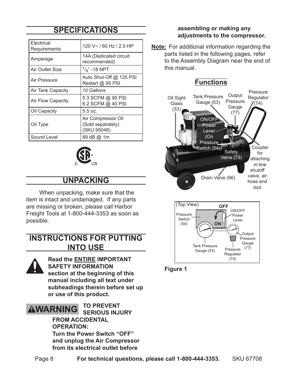 Specifications, Unpacking, Instructions for putting into use | Functions | Harbor Freight Tools 67708 User Manual | Page 8 / 20