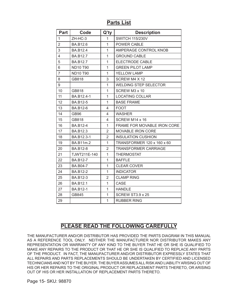 Parts list, Please read the following carefully | Harbor Freight Tools 98870 User Manual | Page 15 / 17