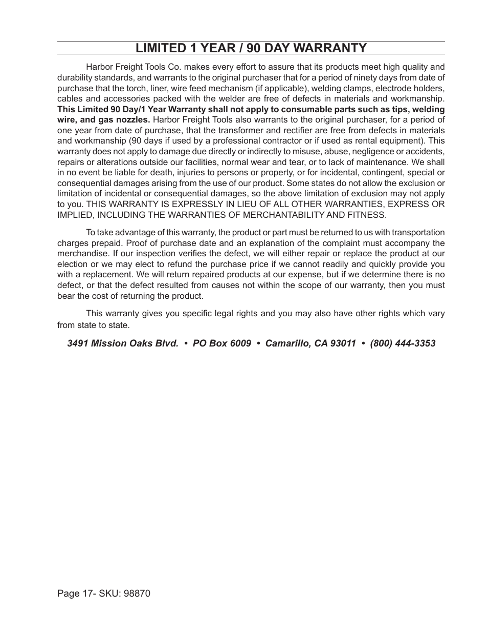 Limited 1 year / 90 day warranty | Harbor Freight Tools 98870 User Manual | Page 17 / 17