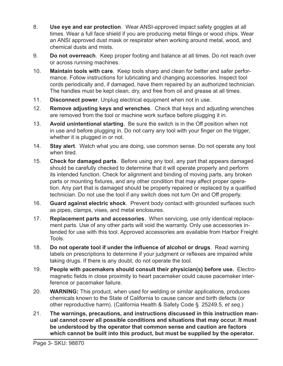 Harbor Freight Tools 98870 User Manual | Page 3 / 17