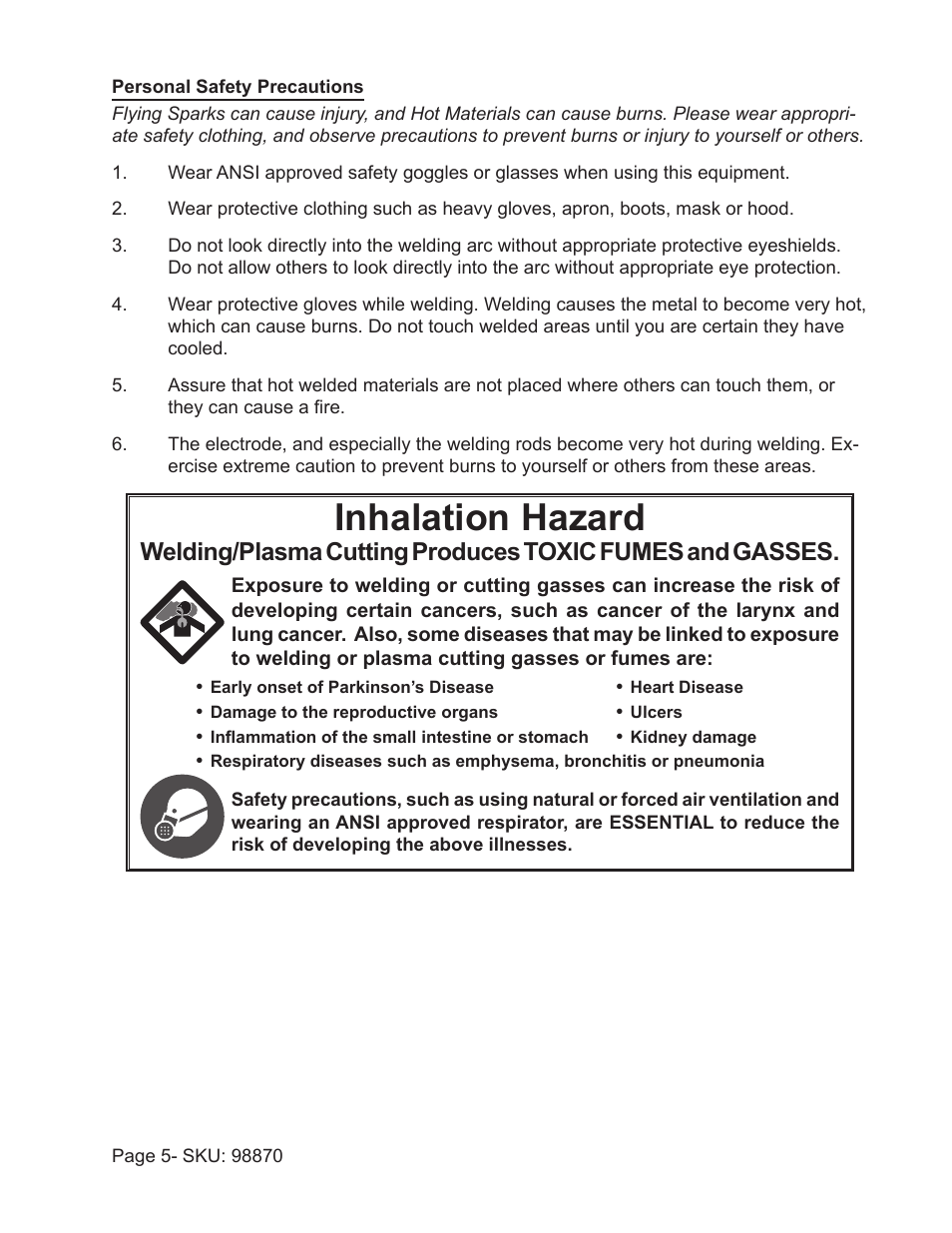Inhalation hazard | Harbor Freight Tools 98870 User Manual | Page 5 / 17