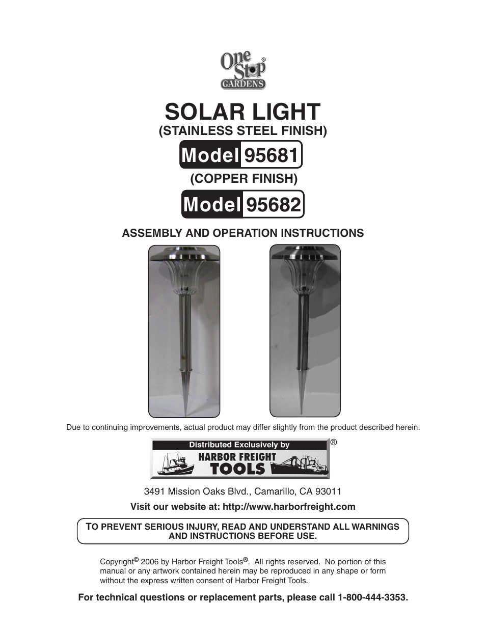Harbor Freight Tools ONE STOPS 95682 User Manual | 6 pages