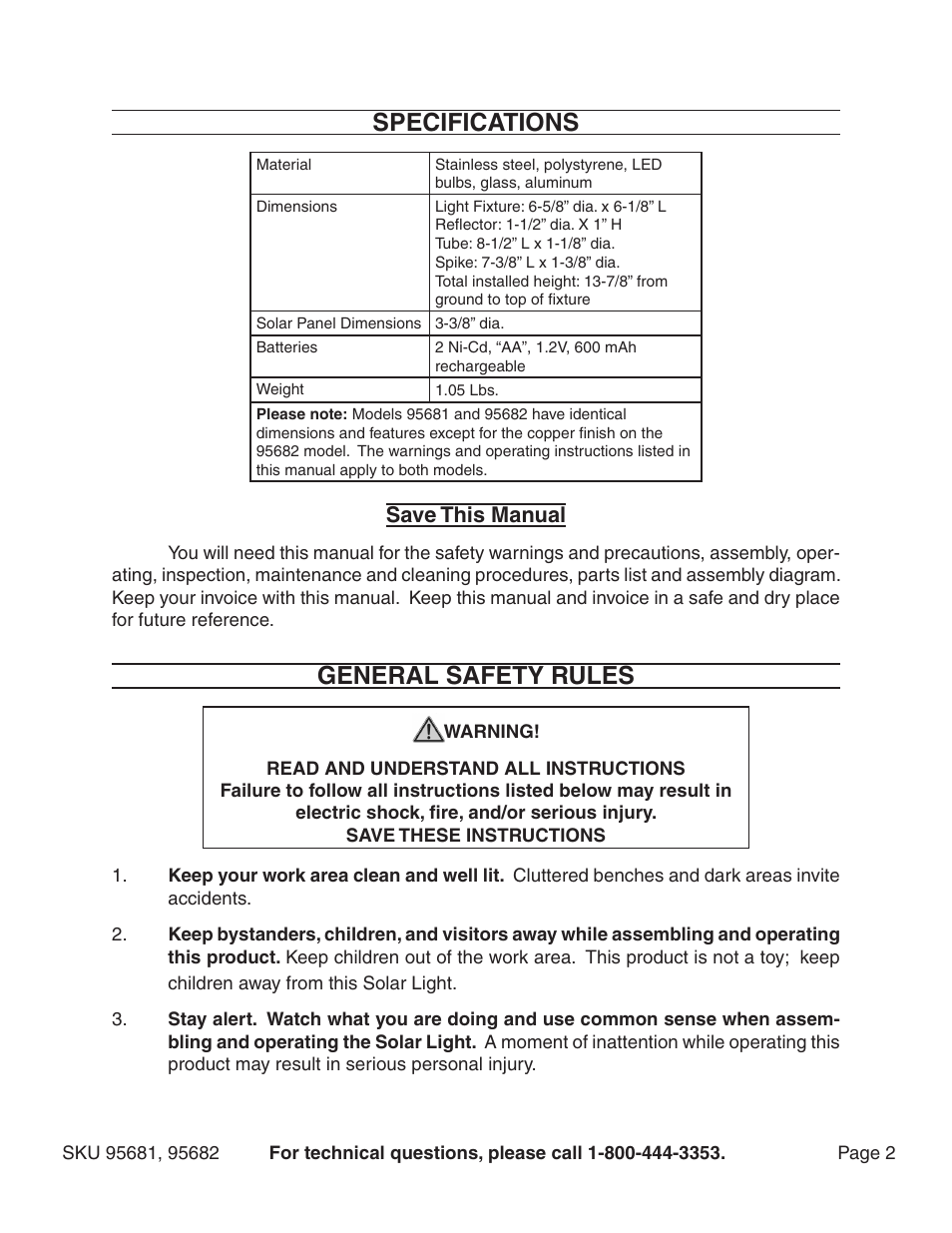 Specifications, General safety rules | Harbor Freight Tools ONE STOPS 95682 User Manual | Page 2 / 6