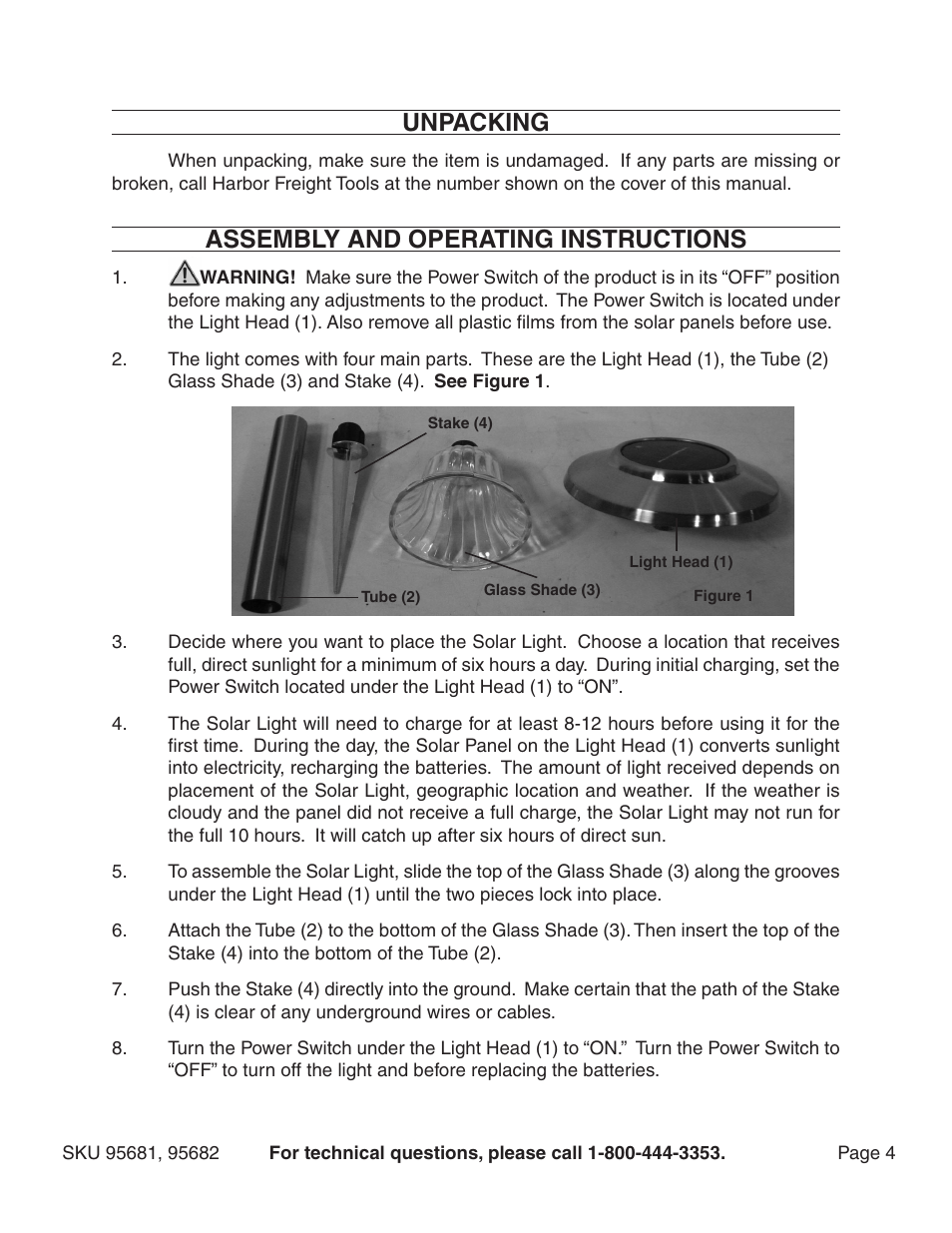 Unpacking, Assembly and operating instructions | Harbor Freight Tools ONE STOPS 95682 User Manual | Page 4 / 6