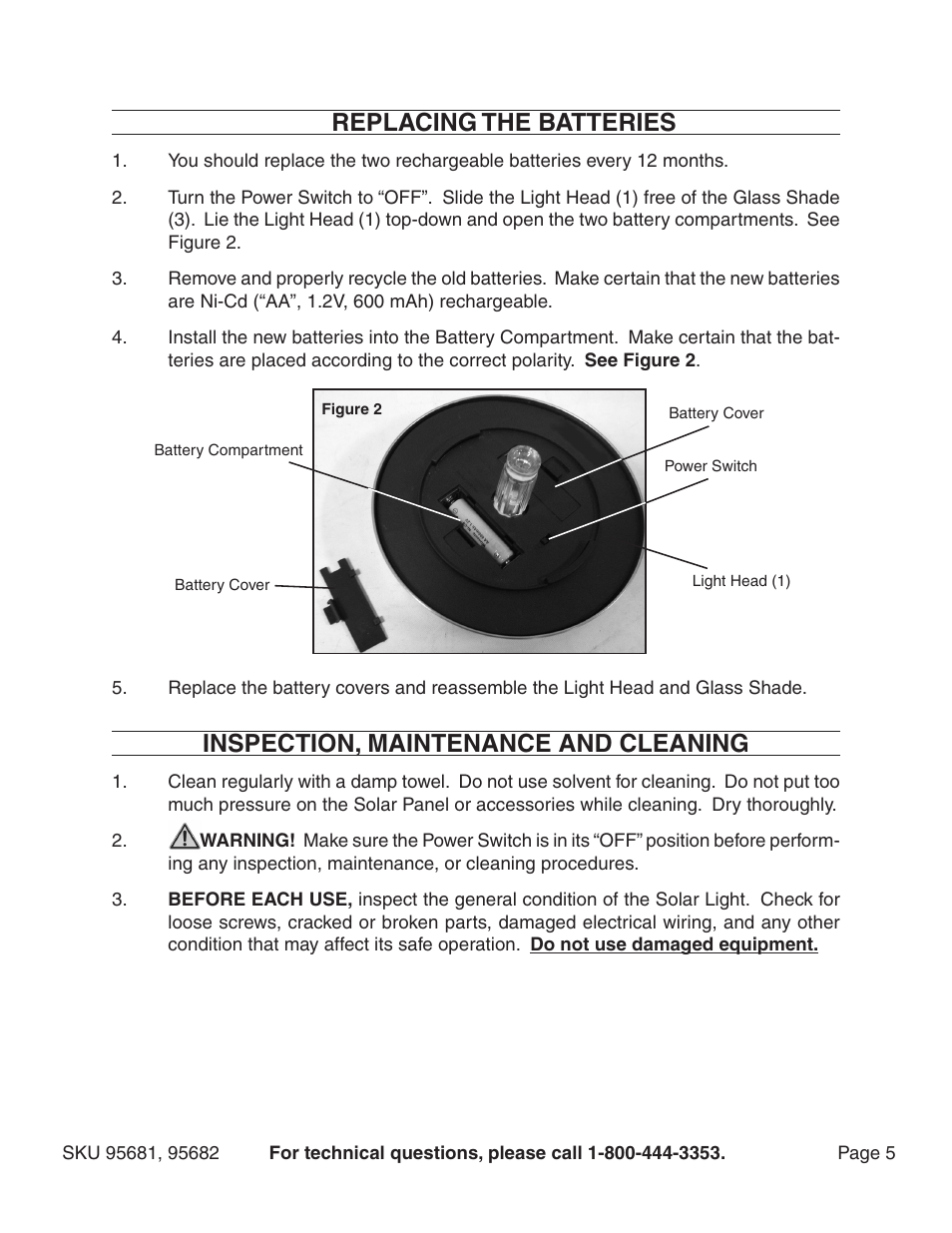 Replacing the batteries, Inspection, maintenance and cleaning | Harbor Freight Tools ONE STOPS 95682 User Manual | Page 5 / 6