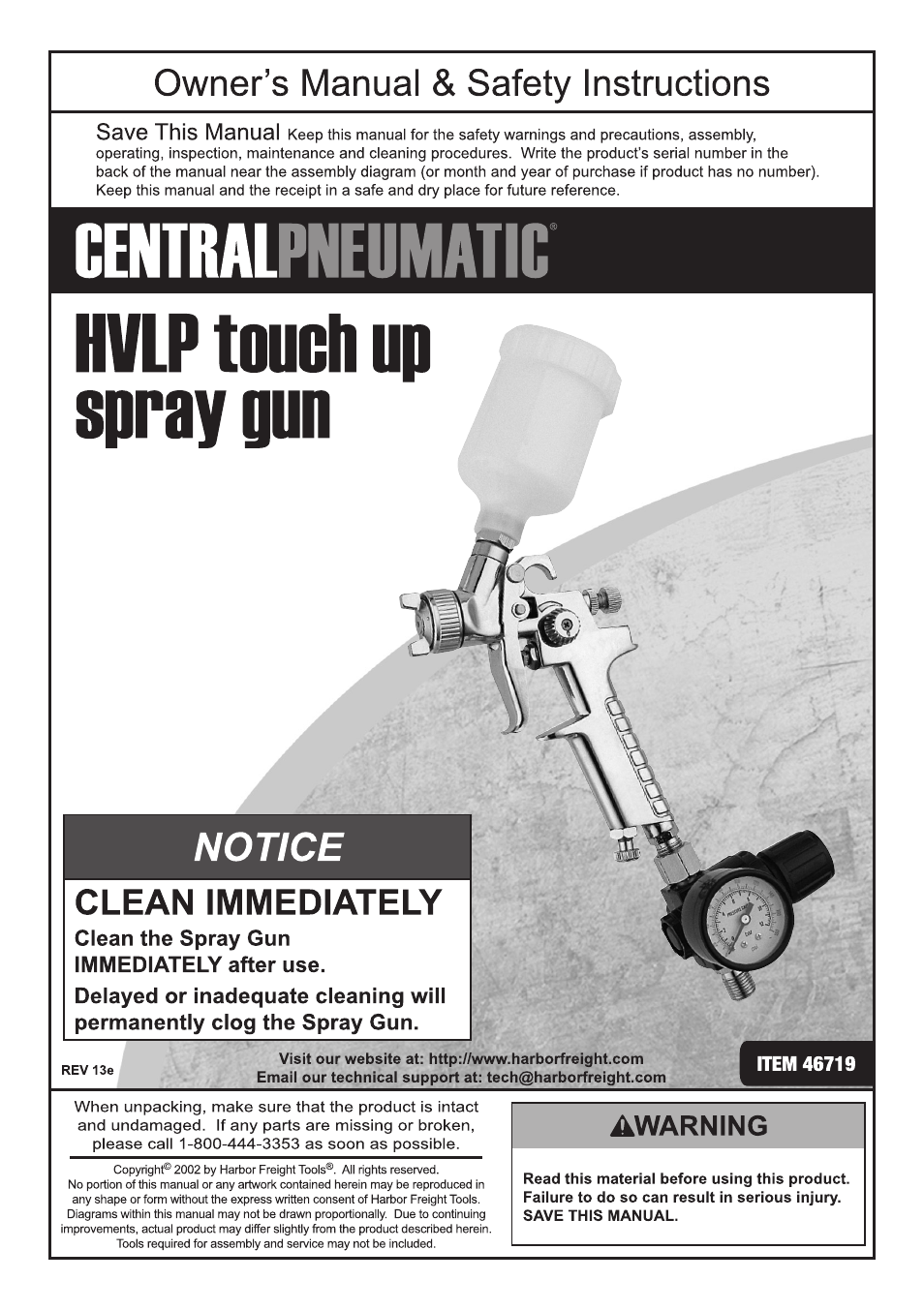 Harbor Freight Tools HVLP DETAIL SPRAY GUN 46719 User Manual | 20 pages