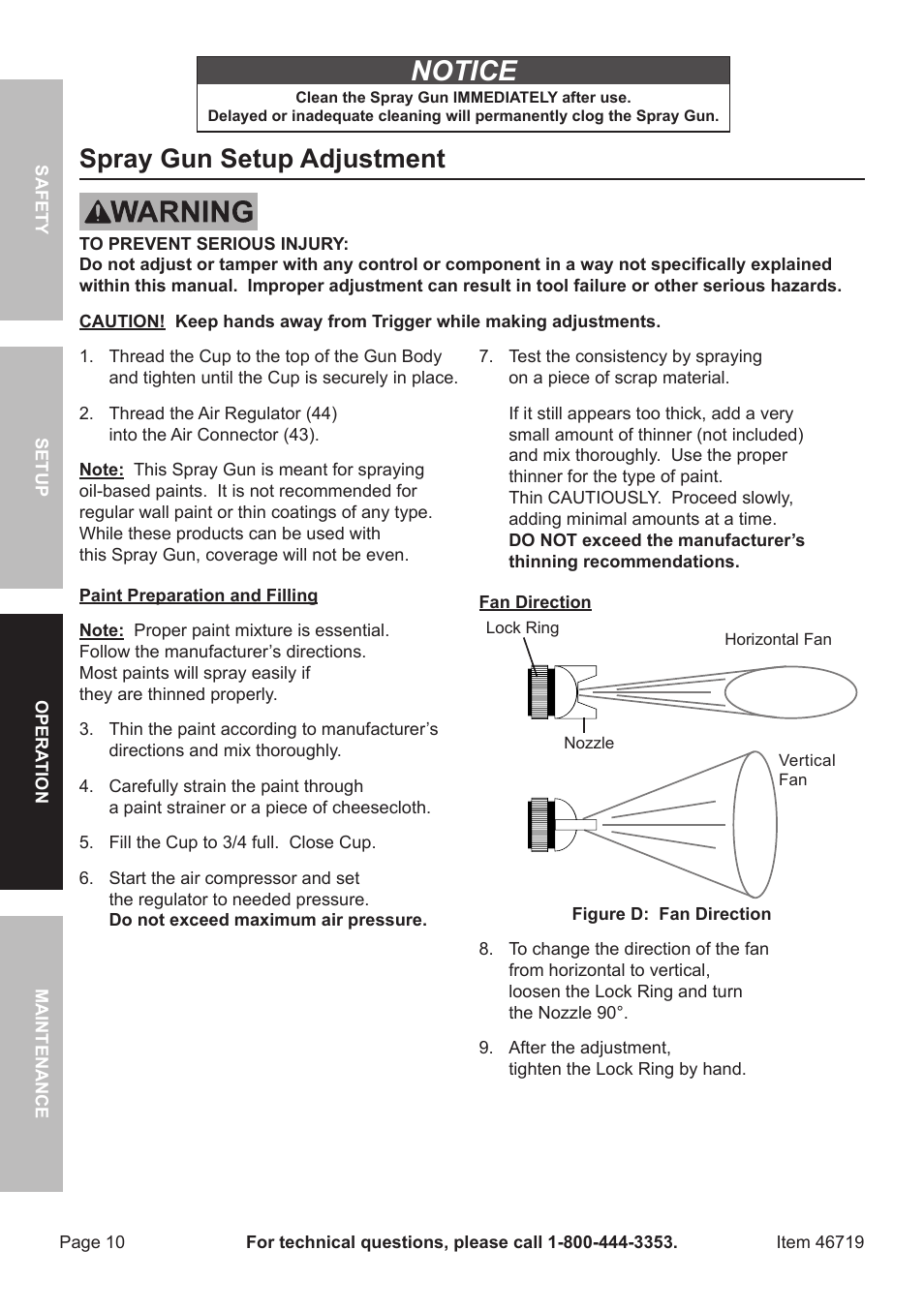 Notice, Spray gun setup adjustment | Harbor Freight Tools HVLP DETAIL SPRAY GUN 46719 User Manual | Page 10 / 20