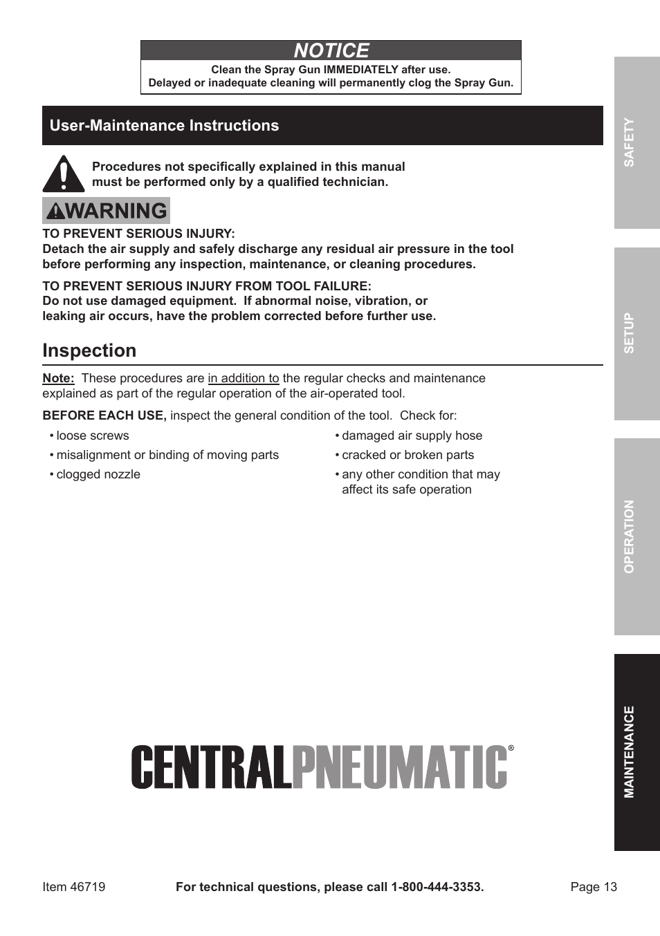 Notice, Inspection | Harbor Freight Tools HVLP DETAIL SPRAY GUN 46719 User Manual | Page 13 / 20