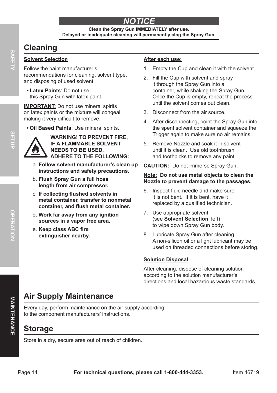 Notice, Cleaning, Air supply maintenance | Storage | Harbor Freight Tools HVLP DETAIL SPRAY GUN 46719 User Manual | Page 14 / 20