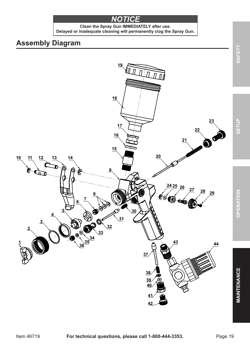 Notice, Assembly diagram | Harbor Freight Tools HVLP DETAIL SPRAY GUN 46719 User Manual | Page 19 / 20