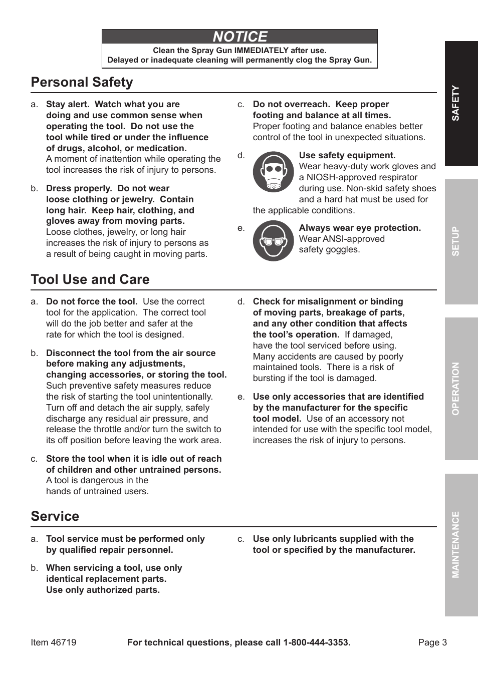 Notice, Personal safety, Tool use and care | Service | Harbor Freight Tools HVLP DETAIL SPRAY GUN 46719 User Manual | Page 3 / 20