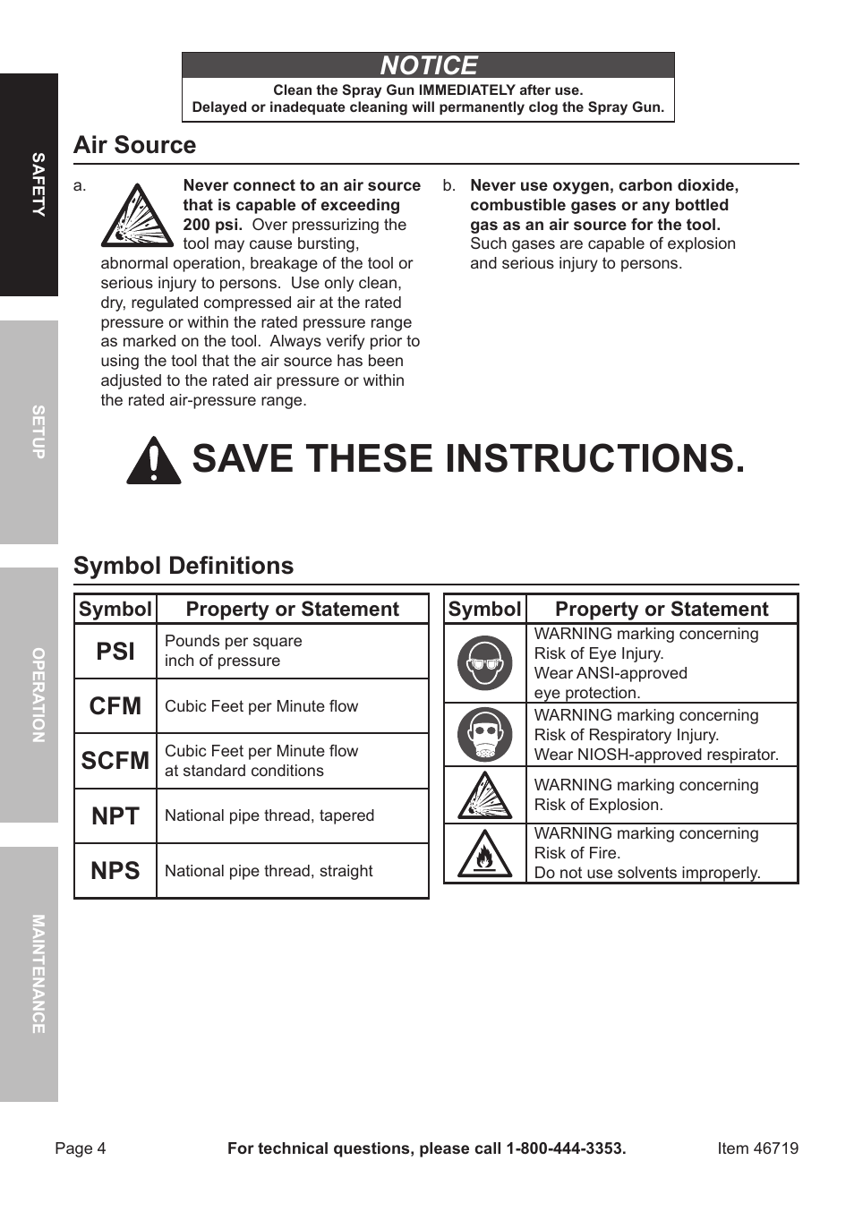 Save these instructions, Notice, Air source | Symbol definitions, Scfm | Harbor Freight Tools HVLP DETAIL SPRAY GUN 46719 User Manual | Page 4 / 20