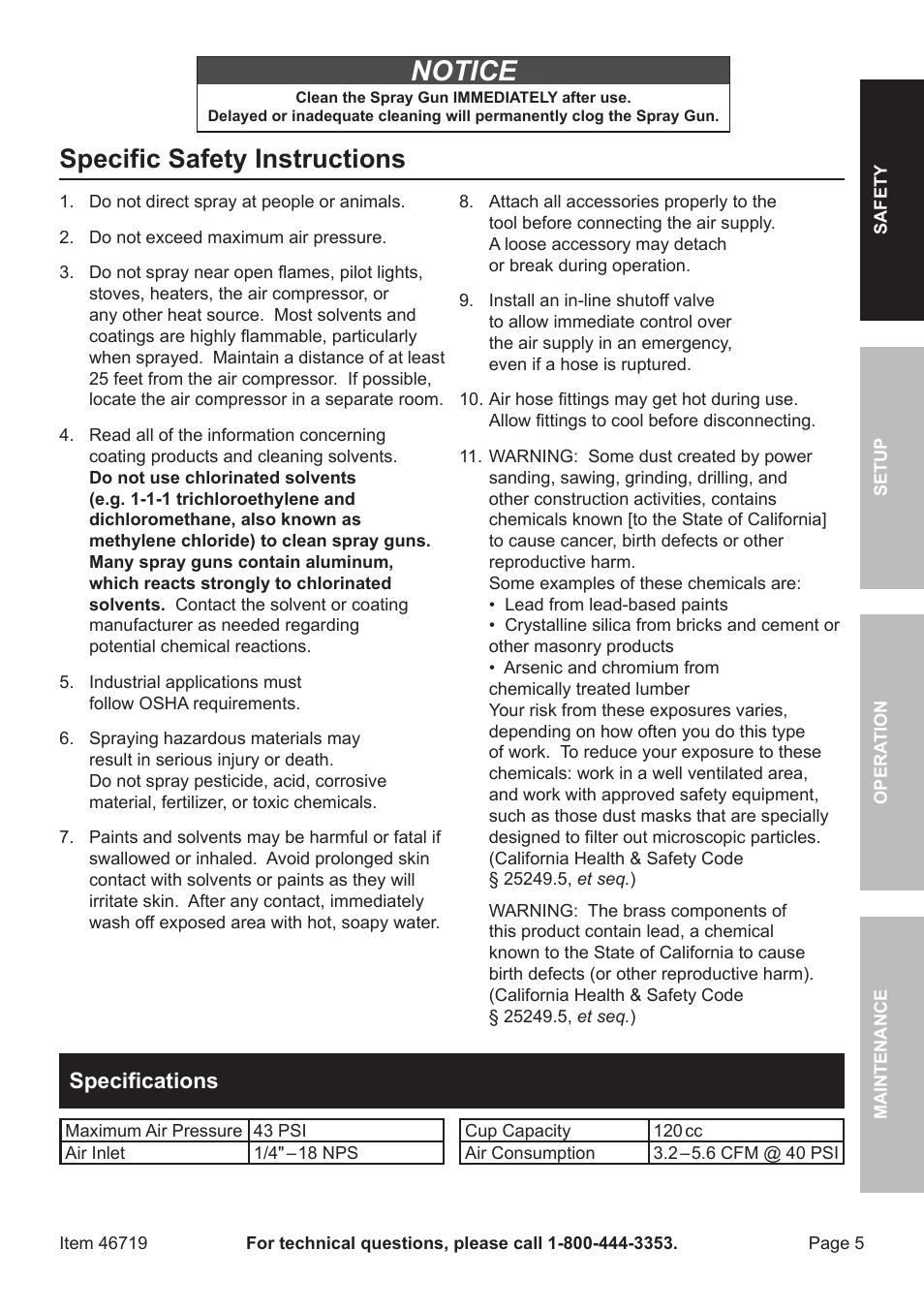 Notice, Specific safety instructions, Specifications | Harbor Freight Tools HVLP DETAIL SPRAY GUN 46719 User Manual | Page 5 / 20