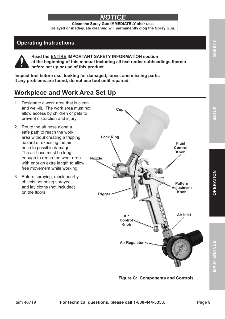 Notice, Workpiece and work area set up, Operating instructions | Harbor Freight Tools HVLP DETAIL SPRAY GUN 46719 User Manual | Page 9 / 20