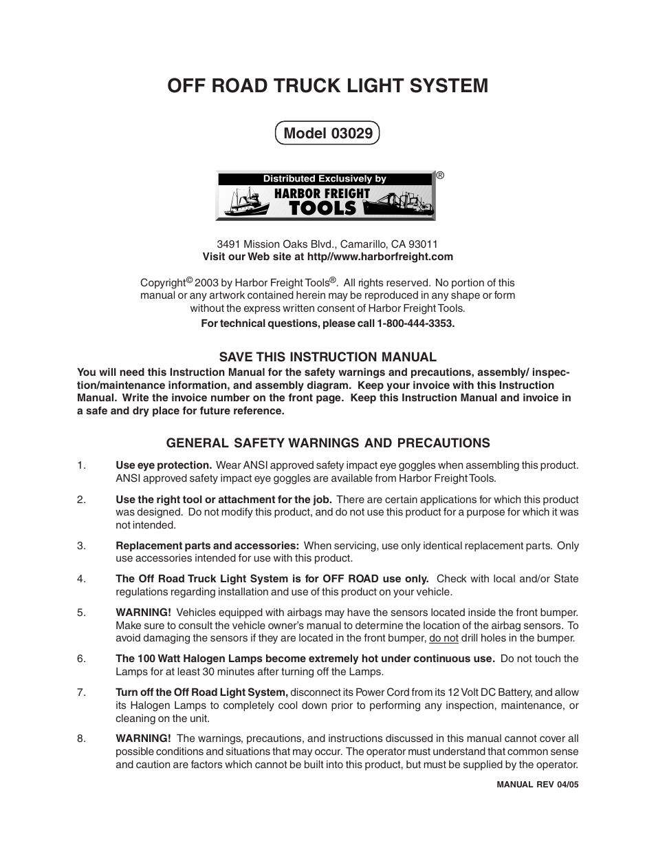 Harbor Freight Tools 3029 User Manual | 3 pages