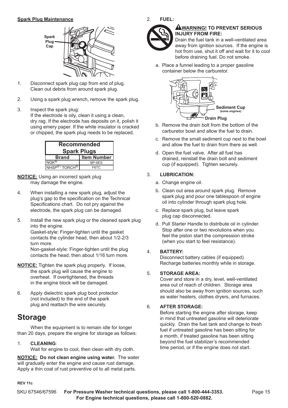 Storage, Recommended spark plugs | Harbor Freight Tools 67596 User Manual | Page 15 / 28