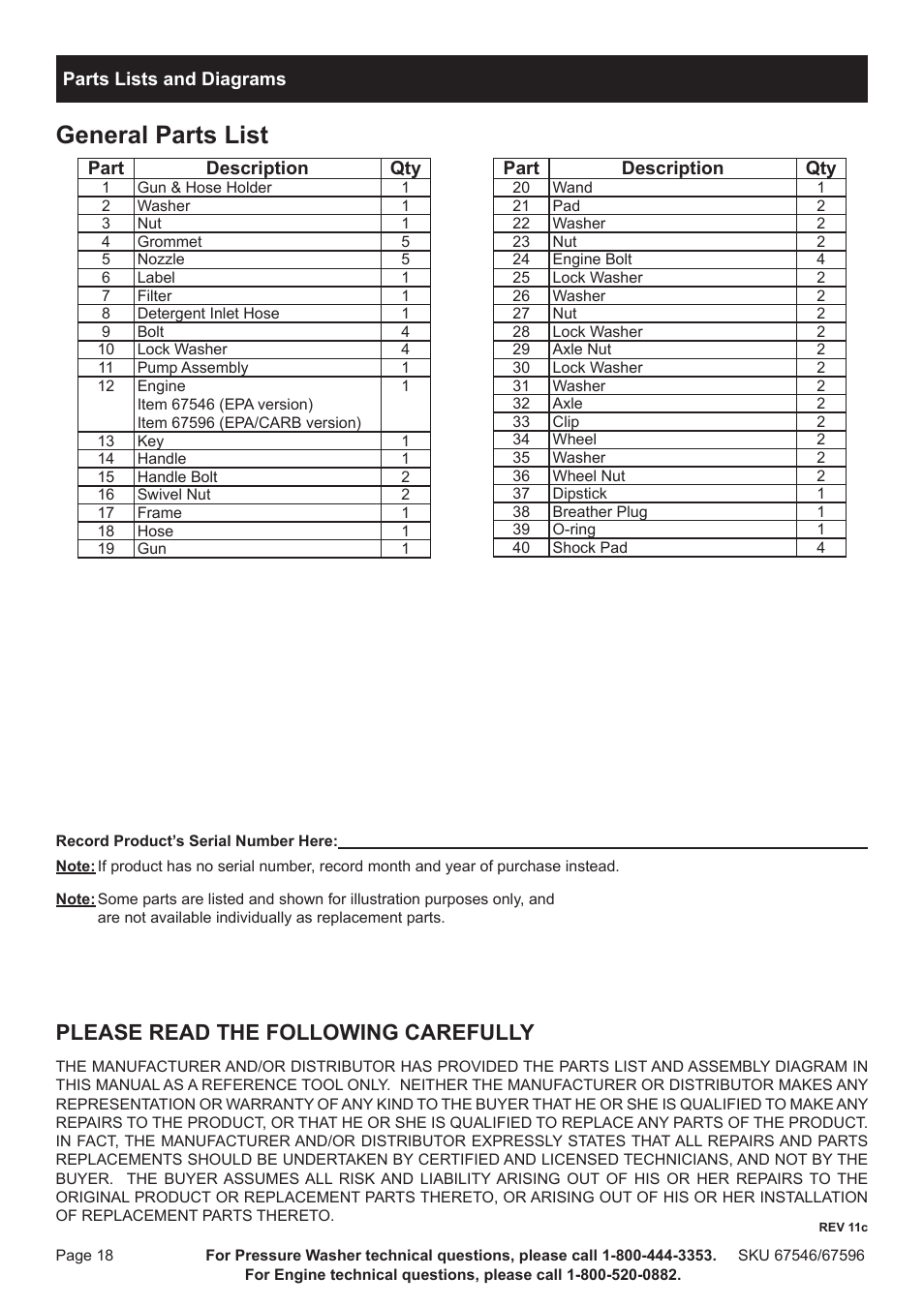 General parts list, Please read the following carefully | Harbor Freight Tools 67596 User Manual | Page 18 / 28