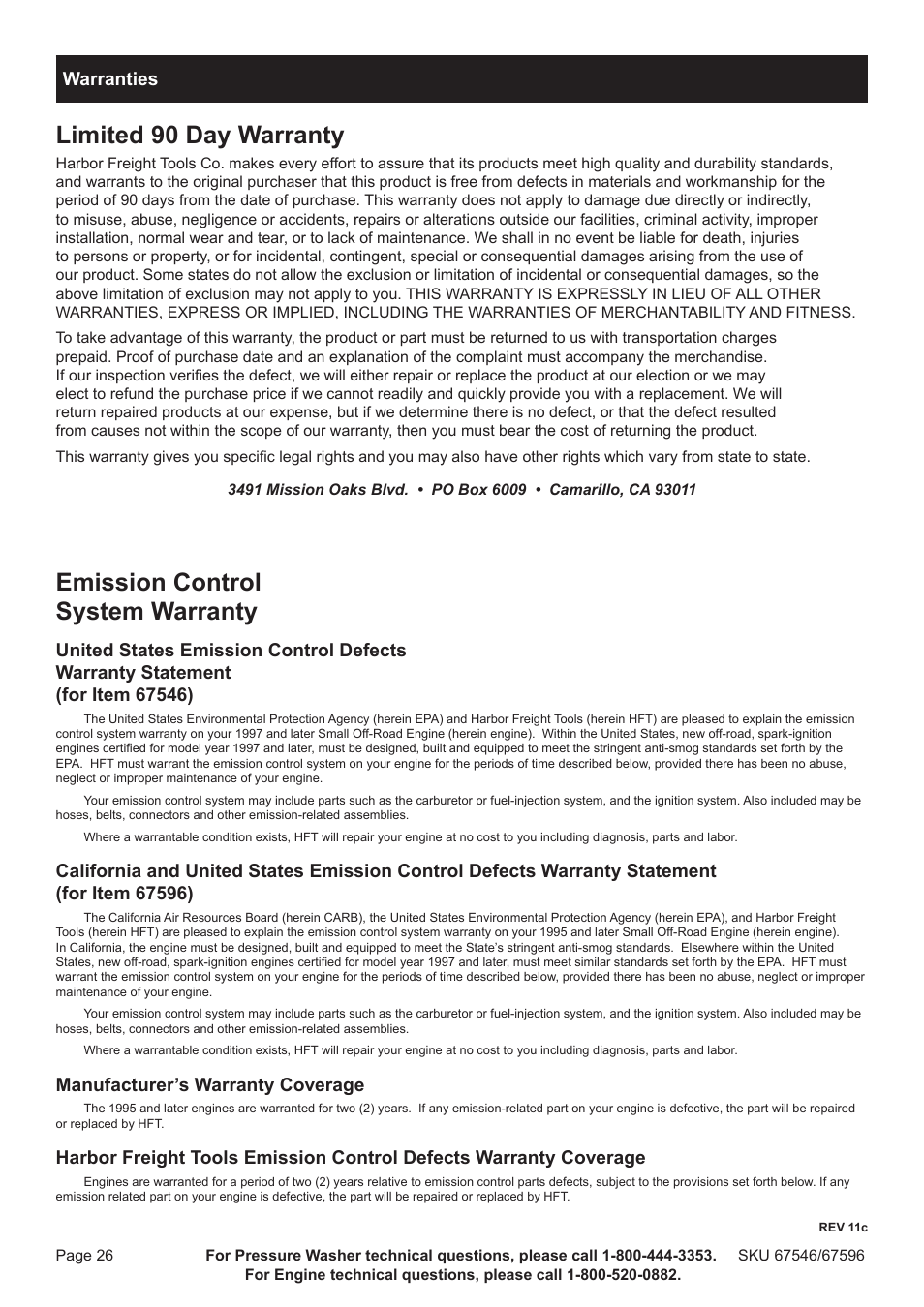 Emission control system warranty, Limited 90 day warranty, Manufacturer’s warranty coverage | Warranties | Harbor Freight Tools 67596 User Manual | Page 26 / 28