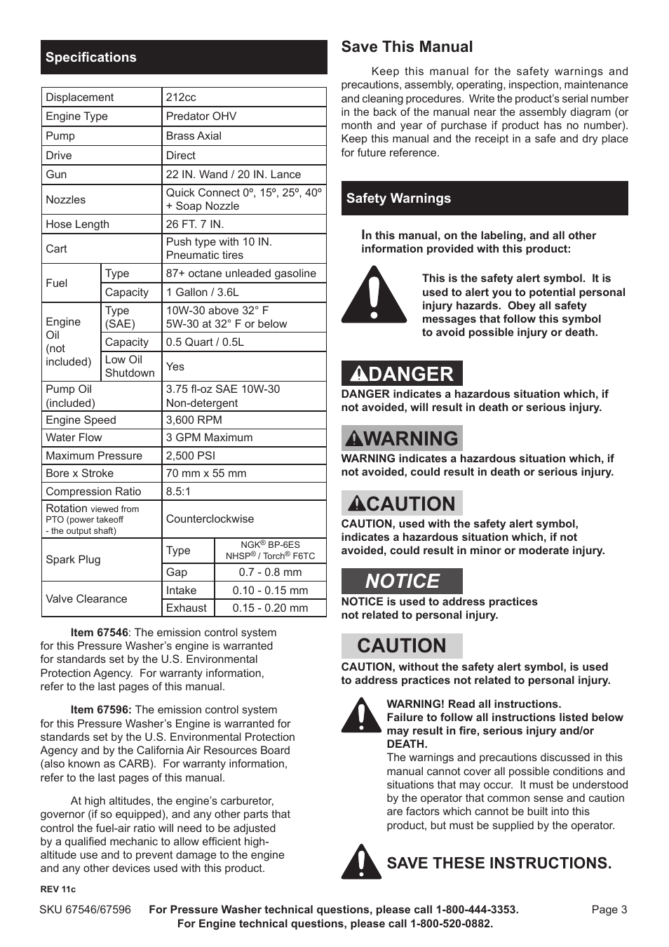 Danger, Warning, Caution | Notice, Save this manual, Save these instructions | Harbor Freight Tools 67596 User Manual | Page 3 / 28