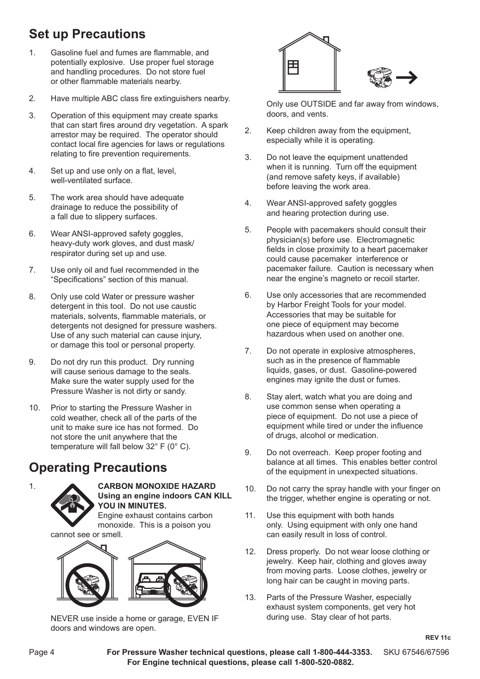 Set up precautions, Operating precautions | Harbor Freight Tools 67596 User Manual | Page 4 / 28