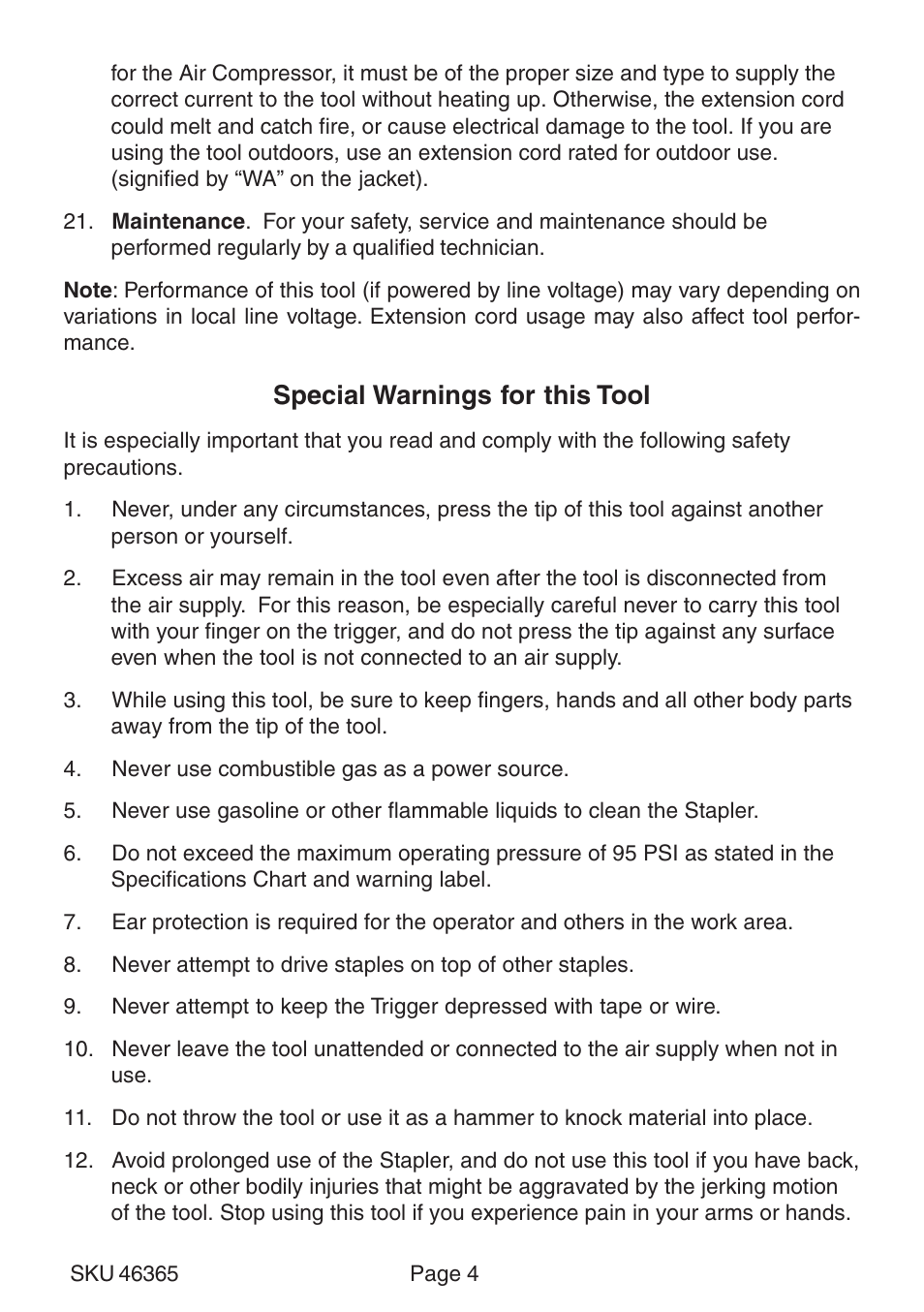 Special warnings for this tool | Harbor Freight Tools 46365 User Manual | Page 4 / 9