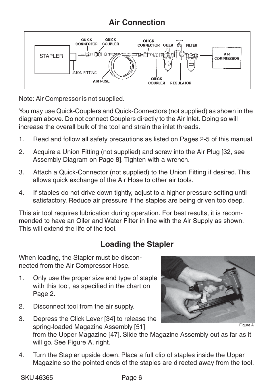 Air connection, Loading the stapler | Harbor Freight Tools 46365 User Manual | Page 6 / 9