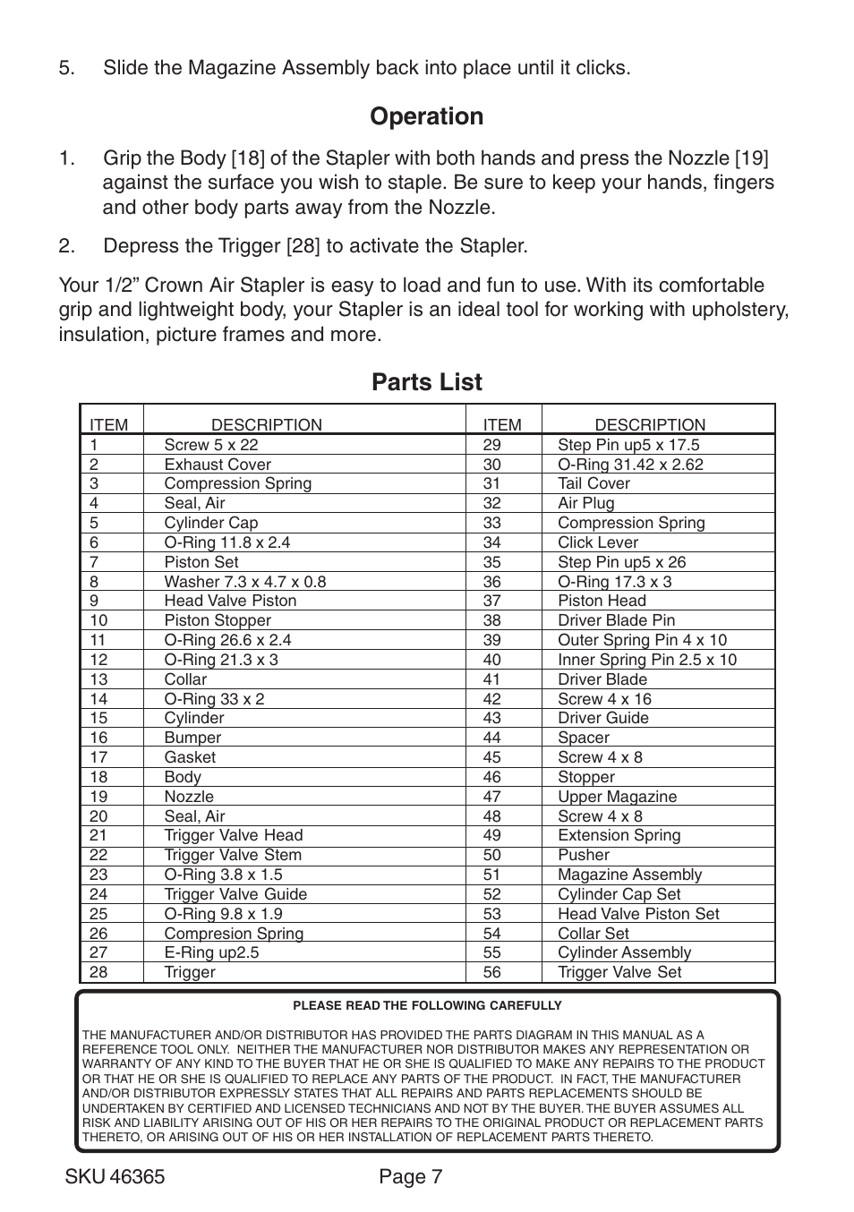 Operation, Parts list | Harbor Freight Tools 46365 User Manual | Page 7 / 9