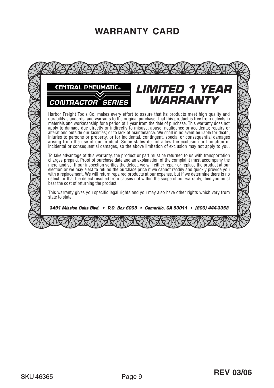Limited 1 year, Warranty, Warranty card | Rev 03/06 | Harbor Freight Tools 46365 User Manual | Page 9 / 9