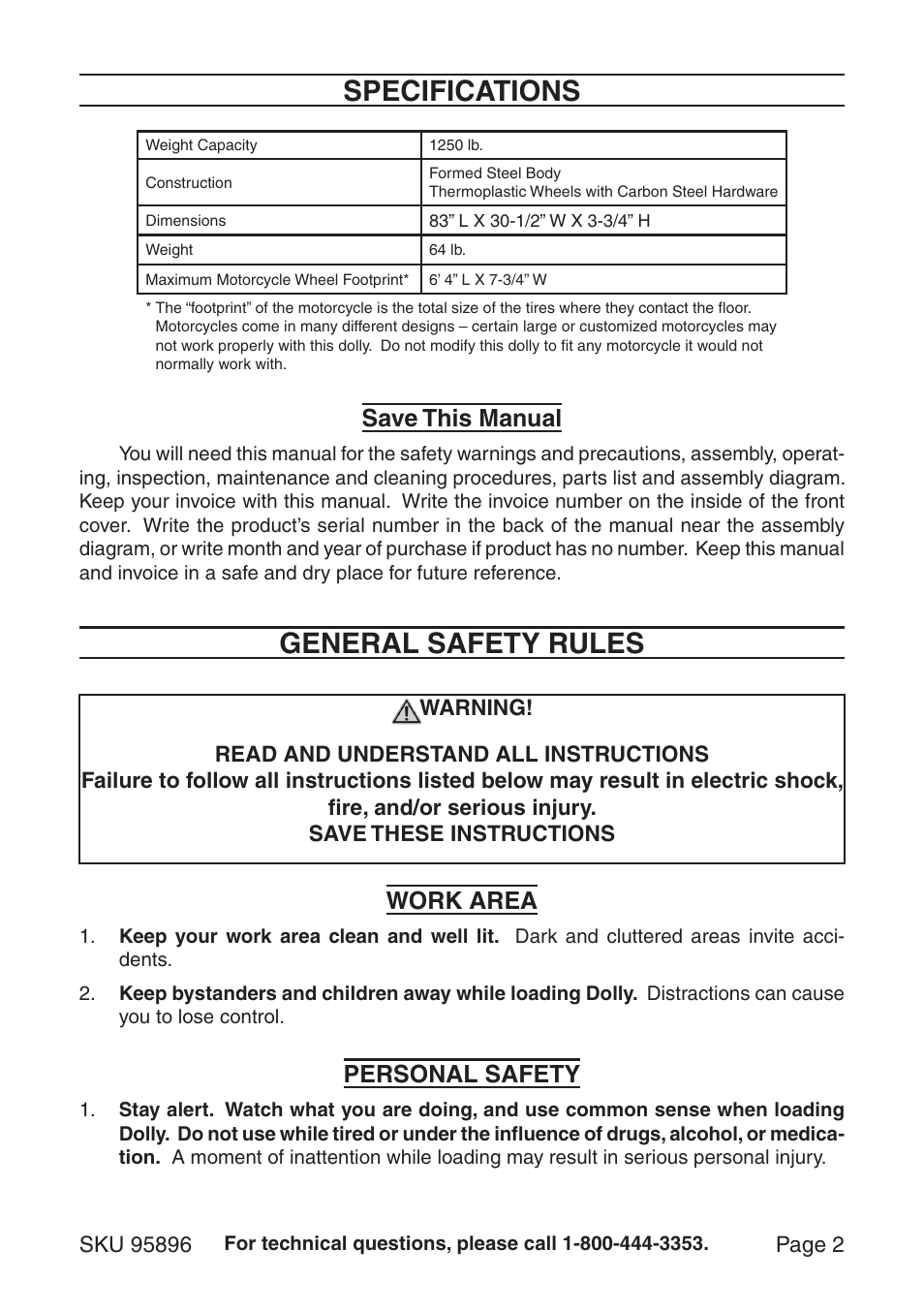 Specifications, General safety rules, Save this manual | Work area, Personal safety | Harbor Freight Tools 95896 User Manual | Page 2 / 8