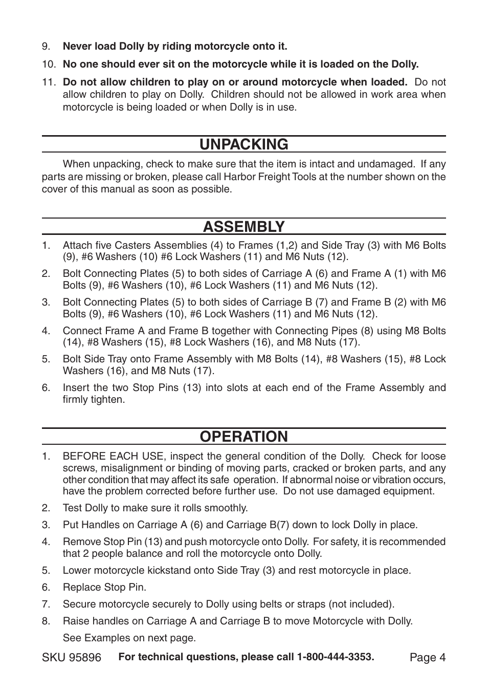 Unpacking, Assembly, Operation | Harbor Freight Tools 95896 User Manual | Page 4 / 8