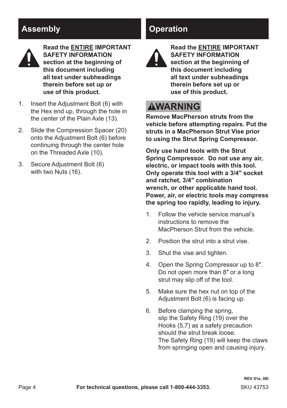 Assembly, Operation | Harbor Freight Tools 43753 User Manual | Page 4 / 8