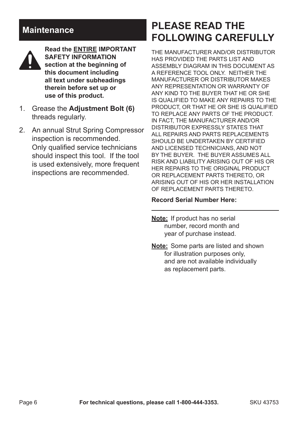 Please read the following carefully, Maintenance | Harbor Freight Tools 43753 User Manual | Page 6 / 8