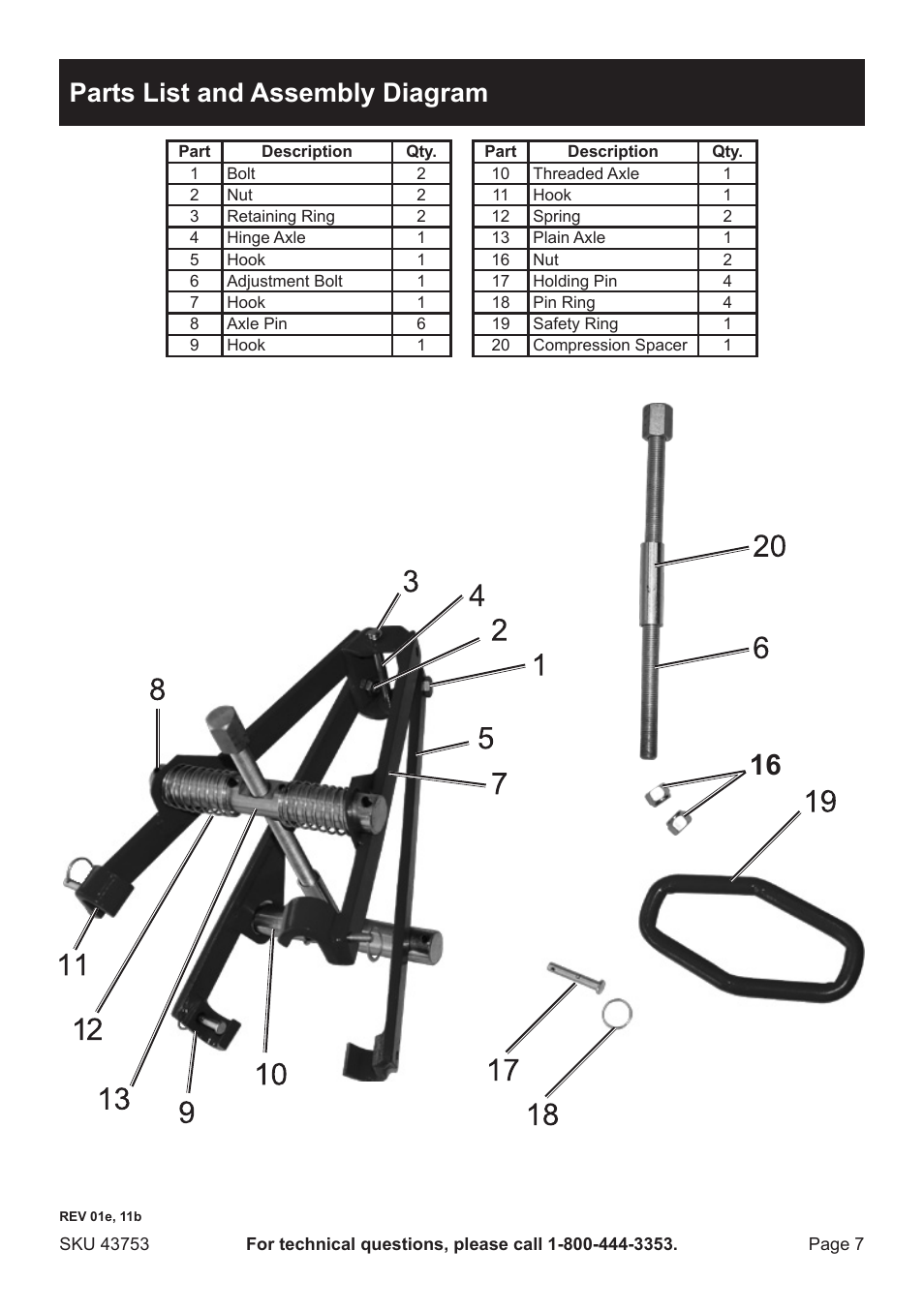 Parts list and assembly diagram | Harbor Freight Tools 43753 User Manual | Page 7 / 8