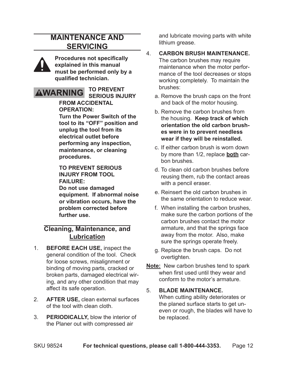 Maintenance and servicing | Harbor Freight Tools CENTRAL MACHINERY 98524 User Manual | Page 12 / 20