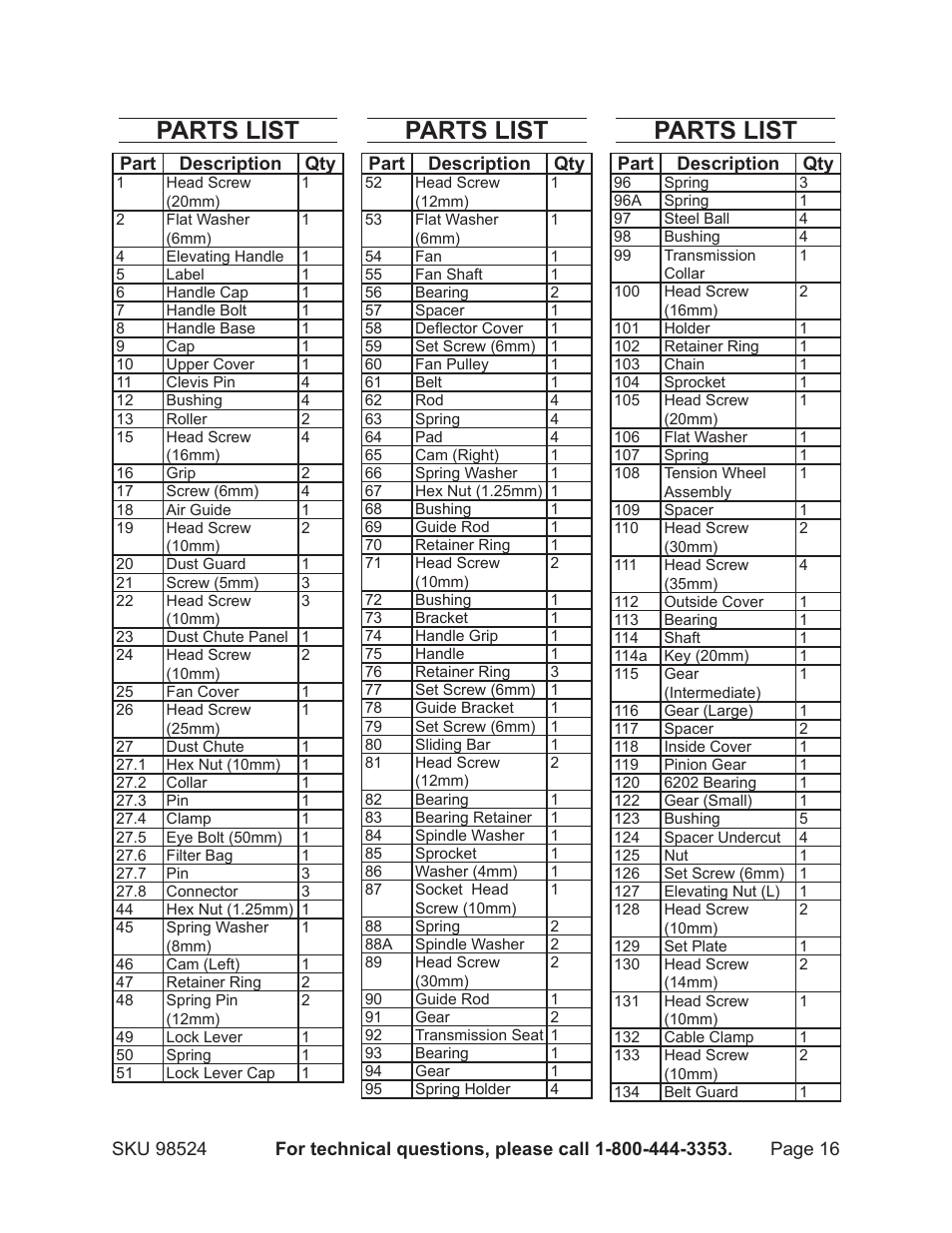 Parts list | Harbor Freight Tools CENTRAL MACHINERY 98524 User Manual | Page 16 / 20