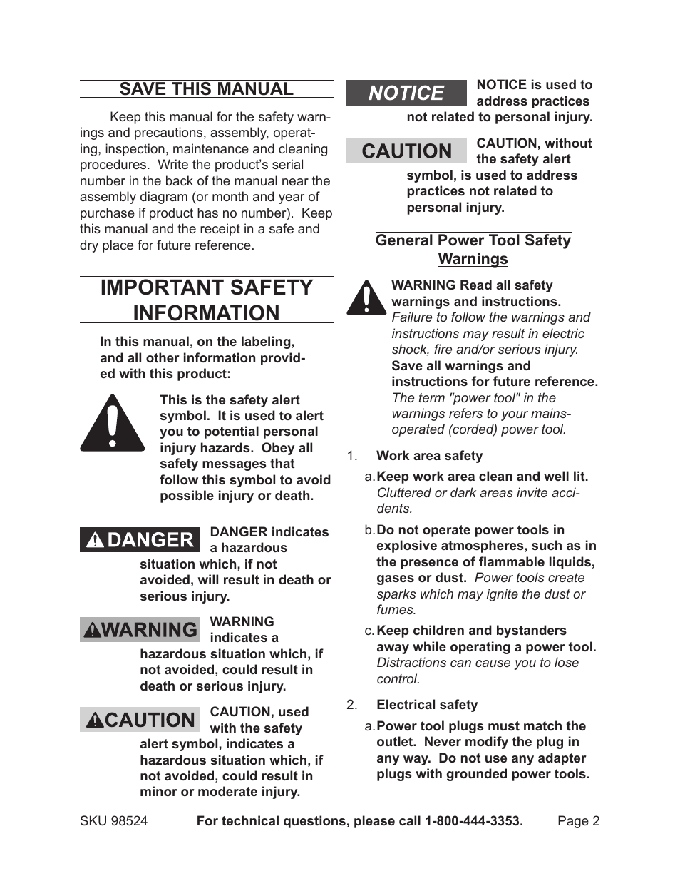 Important safety information, Save this manual | Harbor Freight Tools CENTRAL MACHINERY 98524 User Manual | Page 2 / 20