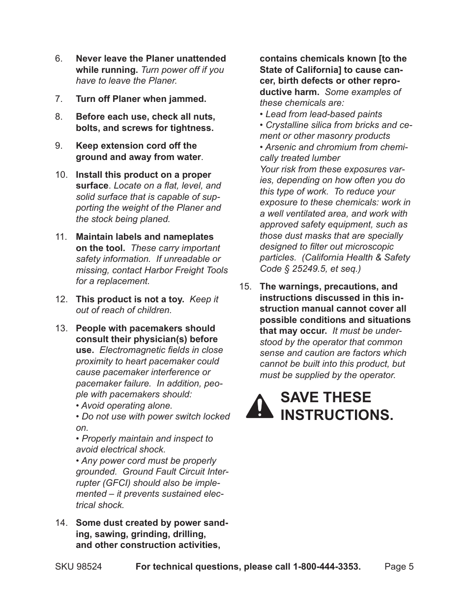 Save these instructions | Harbor Freight Tools CENTRAL MACHINERY 98524 User Manual | Page 5 / 20