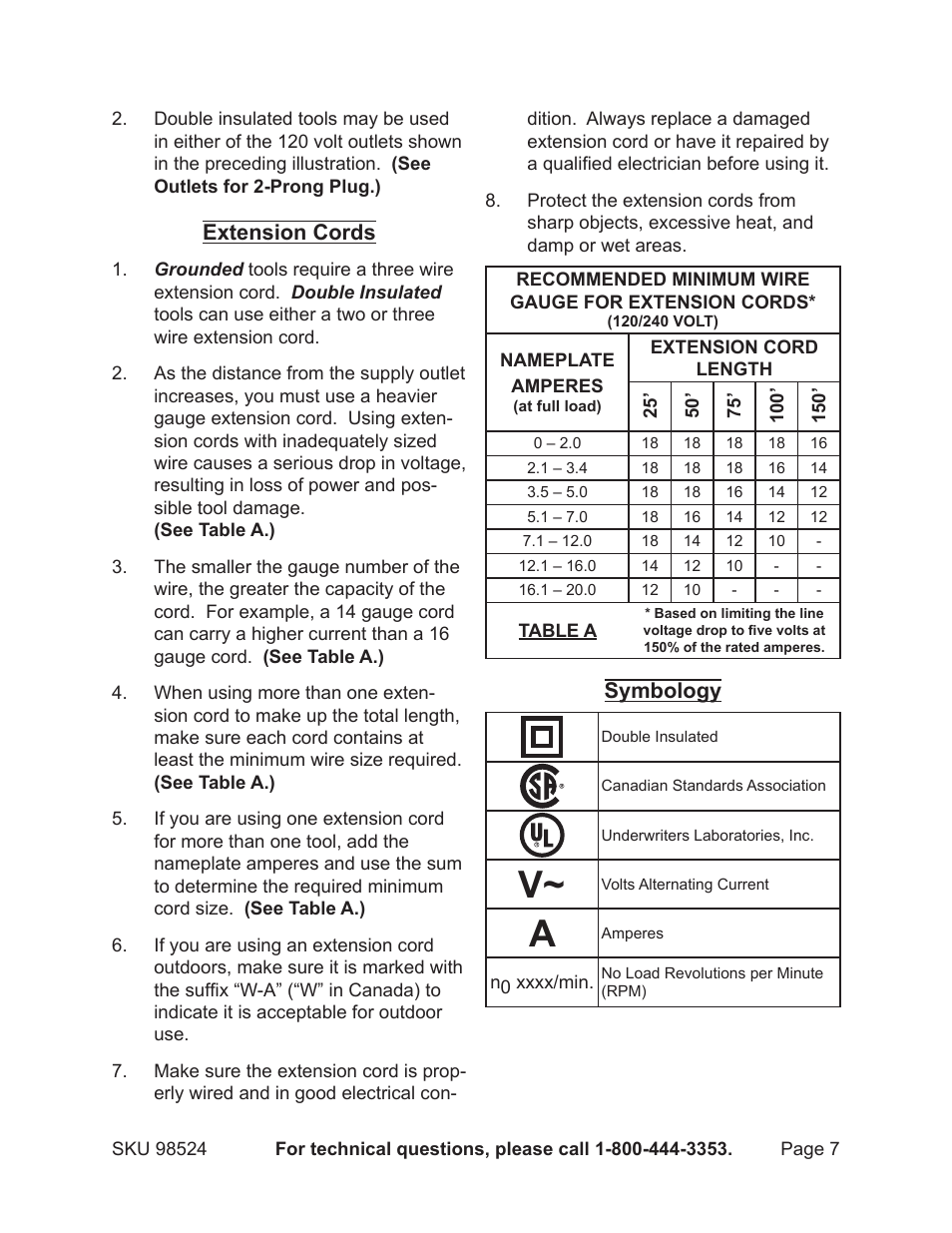 Extension cords, Symbology | Harbor Freight Tools CENTRAL MACHINERY 98524 User Manual | Page 7 / 20