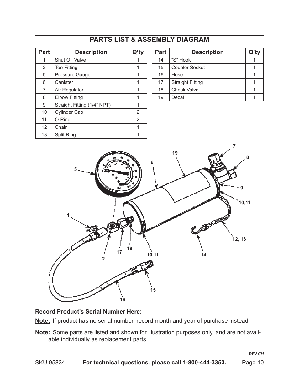 Parts list & assembly diagram | Harbor Freight Tools 95834 User Manual | Page 10 / 11